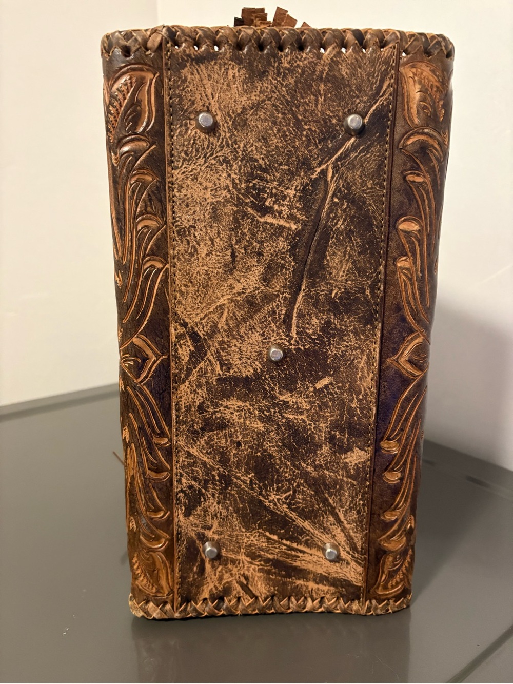 Alejandro Yeo Sunflower Hand-Tooled Floral Leather Satchel - Brown - Picture 2 of 3